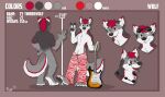  anthro black_nose blush bottomwear brown_background canid canine canis cheek_tuft chest_tuft closed_smile clothed clothing color_swatch dipstick_ears english_text facial_tuft fangs front_view fur gesture grey_body grey_ears grey_fur guitar hair happy hi_res inner_ear_fluff jewelry looking_aside looking_at_viewer male mammal messy_hair model_sheet mouth_closed multicolored_ears musical_instrument navel necklace one_eye_closed open_mouth open_smile pache_riggs pants pattern_bottomwear pattern_clothing pattern_pants plucked_string_instrument pose rear_view red_body red_bottomwear red_clothing red_ears red_eyes red_fur red_hair red_pants red_stripes red_tongue short_hair signature simple_background smile solo standing string_instrument striped_bottomwear striped_clothing striped_pants stripes text tongue topless tuft v_sign white_body white_bottomwear white_clothing white_ears white_fur white_inner_ear white_inner_ear_fluff white_pants white_stripes wolf 