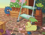  artist_name berry brown_eyes character_request chikorita ladder looking_at_another no_humans outdoors pegushi plant pokemon pokemon_(creature) sitting standing tools 