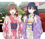  2girls :o architecture black_hair brown_hair east_asian_architecture floral_print flower hair_flower hair_ornament hands_up hello_world higashi_ringo ichigyou_ruri japanese_clothes kadenokouji_misuzu kimono long_hair looking_at_viewer mole mole_under_eye multiple_girls obi outdoors photo_background pink_kimono purple_kimono sash short_hair standing sweatdrop unmoving_pattern yellow_eyes 