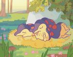  artist_name closed_eyes cyndaquil forest grass lying nature on_side outdoors pegushi plant pokemon pokemon_(creature) rock sitting sleeping sleeping_upright 