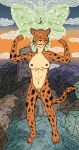  abstract_background anthro arthropod beastars cheetah cloudscape countershading felid feline female feral flexing hi_res hrisaura humanoid insect japanese_text lepidopteran mammal moth nude pose pubes rock sheila_(beastars) simple_coloring sky solo spots text 