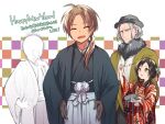  1girl 2boys alternate_costume black_hair brown_hair glasses japanese_clothes kimono multiple_boys mushoku_tensei nanahoshi_shizuka nogiwa_kaede orsted_(mushoku_tensei) rudeus_greyrat smile white_hair yukata 