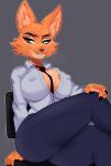  2022 absurd_res anthro areola areola_slip bottomwear breasts canid canine chair clothing countershading diane_foxington dreamworks female fox fur furniture hi_res inner_ear_fluff mammal necktie nipple_outline pants postblue98 shirt simple_background sitting smile solo the_bad_guys topwear tuft 