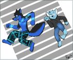  abstract_background anthro black_body black_bottomwear black_clothing black_ears black_fur black_head_tuft black_hoodie black_nose black_pants black_tail black_topwear blue_body blue_bottomwear blue_clothing blue_ears blue_fur blue_head_tuft blue_inner_ear blue_pants blue_tail bottomwear canid cheek_tuft clothed clothing duo facial_tuft front_view fur grey_body grey_fur grey_tail head_tuft hi_res hoodie jewelry male mammal mouth_closed navel neck_tuft necklace pache_riggs pants signature teeth topless topwear tuft wavy_mouth white_inner_ear 