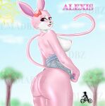  absurd_res alexis anthro big_breasts big_butt breasts butt clothed clothing clothing_lift countershading emadbz female furry hi_res lagomorph leporid long_tail mammal pink_body rabbit solo 