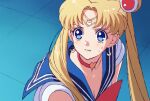  1girl bishoujo_senshi_sailor_moon blonde_hair blue_eyes blue_sailor_collar bow bowtie breasts choker circlet cleavage clenched_teeth collarbone collared_shirt crescent crescent_earrings earrings hair_bun hair_intakes heart heart_choker highres jewelry long_hair meme red_bow red_bowtie red_choker sailor_collar sailor_moon sailor_moon_redraw_challenge_(meme) sailor_shirt shiny shiny_hair shirt sleeveless sleeveless_shirt small_breasts solo sweatdrop teeth tomaty. upper_body very_long_hair white_shirt 