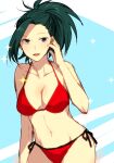  1girl :d arm_at_side bikini black_eyes black_hair blue_background boku_no_hero_academia breasts cleavage hand_up highres hinata_(ryohinata) large_breasts looking_at_viewer medium_hair navel red_bikini side-tie_bikini_bottom simple_background sketch smile solo sparkle standing swimsuit yaoyorozu_momo 