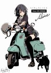 1girl alice_(sinoalice) black_cat black_hair black_thighhighs blazer bow bowtie cat character_name copyright_name crossed_arms dated dress_shirt dress_shoes full_body helmet highres himiko_(326ontheweb) jacket light_smile looking_at_animal motor_vehicle motorcycle on_motorcycle plaid_clothes plaid_skirt reality_arc_(sinoalice) red_eyes scooter shirt short_hair signature simple_background sinoalice sitting skirt solo thighhighs unworn_headwear unworn_helmet vespa white_background zettai_ryouiki 