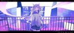 1girl absurdres bright_background english_text fence highres hood hood_down iron_fence letterboxed long_hair looking_at_viewer mai_(mornmeii) pink_stripes purple_eyes purple_hair purple_skirt skirt sky star_(sky) star_(symbol) starry_sky starsmitten tile_wall tiles 