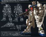  1990s_(style) absurdres akutsu_jun&#039;ichi beam_rifle character_name core_fighter earth_federation energy_gun exposed_internal_machinery gundam gundam_0083 gundam_gp-03_stamen gundam_perfect_file highres lineart machinery mecha mecha_focus mobile_suit multiple_views no_humans official_art retro_artstyle robot scan science_fiction scope shield traditional_media translation_request v-fin weapon 