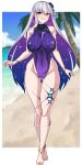  1girl anklet ass_visible_through_thighs bangs bare_shoulders barefoot beach blue_hair blue_one-piece_swimsuit blush body_markings bracelet breasts covered_navel covered_nipples earrings fate/grand_order fate_(series) flower full_body grin hair_flower hair_ornament hair_ribbon highleg highleg_swimsuit highres jewelry kama_(fate) kama_(swimsuit_avenger)_(fate) kama_(swimsuit_avenger)_(third_ascension)_(fate) large_breasts long_hair looking_at_viewer lotus multicolored_hair muta_poo one-piece_swimsuit red_eyes ribbed_swimsuit ribbon smile solo star_(symbol) star_earrings swimsuit two-tone_hair white_hair 
