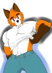  anthro belly bottomwear canid canine clothing denim denim_clothing facing_forward fox hi_res jeans looking_at_viewer male mammal muscular muscular_anthro muscular_male pants portrait pubes red_eyes red_fox shirt simple_background solo three-quarter_portrait topwear trott_conager trott_on_the_rocks white_belly white_clothing white_shirt white_topwear 