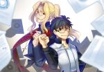  2boys 2girls akariya_kuubu black_hair blonde_hair confused cross cross_necklace fist_bump glasses hand_in_pocket jacket jewelry long_hair looking_at_another michael_roa_valdamjong michael_roa_valdamjong_(human) multiple_boys multiple_girls necklace pages ponytail priest red_eyes shirt smile tohno_shiki tsukihime tsukihime_(remake) upper_body white_shirt 