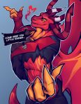 2024 anthro barazoku biceps big_muscles big_wings blue_background bottomwear claws clothed clothed_anthro clothed_male clothing demon demon_dragon detailed dialogue dragon earless ellipsis english_text facial_markings fire glistening glistening_face glistening_horn happy head_markings heart_symbol helluva_boss hi_res horn looking_aside looking_at_viewer male manly markings mixterart multi_eye multicolored_body multicolored_horn multicolored_skin multicolored_wings muscular muscular_anthro muscular_male mythological_creature mythological_scalie mythology open_mouth outline pants pecs portrait pose raised_arm red_body red_horn red_nose red_skin red_wings satan_(helluva_boss) scalie shadow sharp_teeth shirt simple_background smile solo speech_bubble standing talking_to_viewer teeth text topwear torn_clothing torn_vest triceps two_tone_horn vest white_horn white_outline wings yellow_body yellow_eyes yellow_skin yellow_wings
