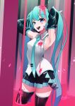  1girl :d absurdres armpits arms_up bangs bare_shoulders black_skirt black_sleeves black_thighhighs blue_eyes blue_hair blue_nails blue_necktie collared_shirt cropped_legs detached_sleeves hatsune_miku headset highres kinosuke_(pattaba) long_sleeves looking_at_viewer nail_polish necktie pleated_skirt shirt skirt sleeveless sleeveless_shirt smile solo thighhighs tie_clip twintails vocaloid white_shirt 