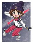  1girl amate_yuzuriha amate_yuzuriha_(cosplay) beanie bodysuit brown_hair comet cosplay fur_hat galaxy girls_und_panzer grey_eyes gundam gundam_gquuuuuux hand_on_own_head hat mecha_pilot_suit open_mouth sakaguchi_karina shoes short_hair smile space star_(sky) takahashi_kurage white_shoes 