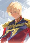  1boy artist_name blonde_hair blue_eyes char_aznable commentary epaulettes grey_background gundam high_collar highres jacket looking_at_viewer male_focus military_jacket military_uniform mobile_suit_gundam nomaumona red_jacket short_hair smile solo twitter_username 