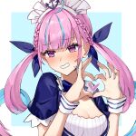  1girl absurdres ahoge anchor_hat_ornament anchor_symbol blue_background blue_bow blue_dress blue_hair blue_nails blue_ribbon blush bow braid breasts cleavage colored_inner_hair curly_hair dress fingernails fumina_natamin hair_ribbon hat_ornament heart heart_hands highres hololive long_hair maid maid_headdress minato_aqua minato_aqua_(1st_costume) multicolored_hair nail_polish nervous pink_eyes pink_hair ribbon short_sleeves simple_background solo streaked_hair sweat twintails two-tone_hair virtual_youtuber white_wrist_cuffs wrist_cuffs 