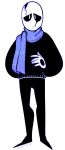 2018 5_fingers animated animated_skeleton black_clothing black_legs black_shirt black_topwear blue_neckwear bone clothing digital_media_(artwork) earless fingers full-length_portrait gaster glitch glowing glowing_eyes hand_behind_back legwear long_underwear looking_at_viewer male noseless not_furry pointy_feet portrait pupils sad scarf shirt skeleton solo star_pattern sweater the-dunkle tights topwear undead undertale undertale_(series) white_body white_pupils