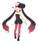  1girl ankle_boots bare_shoulders black_boots black_hair black_jumpsuit boots bow-shaped_hair breasts callie_(splatoon) callie_(squid_sisters_outfit)_(splatoon) cleavage collar collarbone commentary_request contrapposto coula_cat cross-shaped_pupils detached_collar dot_nose earrings fangs floating_hair full_body gloves gradient_hair grin head_tilt heart highres humanization jewelry jumpsuit light_blush long_eyelashes long_hair looking_at_viewer low_drills multicolored_hair notice_lines pantyhose pink_hair pink_pantyhose short_jumpsuit signature small_breasts smile solo splatoon_(series) splatoon_1 standing standing_on_one_leg strapless_jumpsuit swept_bangs symbol-shaped_pupils thick_eyebrows thick_eyelashes translation_request two-tone_hair very_long_hair white_background white_collar white_gloves yellow_eyes 