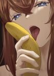  1girl banana bangs blue_eyes brown_hair close-up food fruit hair_between_eyes hand_up highres holding holding_food holding_fruit long_hair looking_at_viewer makise_kurisu nev_(nevblindarts) open_mouth portrait sexually_suggestive solo steins;gate tongue tongue_out 