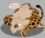  anthro balls benjamin_clawhauser big_balls big_nipples big_penis cheetah chubby_anthro chubby_cheeks chubby_male dialogue disney feet felid feline foreskin genitals male mammal moobs nipples penis rxq sitting smile smug solo zootopia 