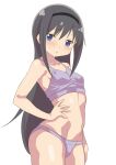 1girl absurdres akemi_homura black_hair black_hairband blue_eyes blush breasts collarbone cowboy_shot grey_background hairband hand_on_own_hip hateri highres long_hair looking_at_viewer mahou_shoujo_madoka_magica mahou_shoujo_madoka_magica_(anime) navel panties parted_lips purple_panties purple_sports_bra simple_background small_breasts solo sports_bra stomach underwear underwear_only very_long_hair 
