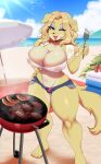 american_flag anthro areola beach big_breasts biped blonde_hair blue_eyes bodily_fluids breasts burger canid canine canis cleavage clothed clothing domestic_dog female food fur grill grilling hair hi_res holding_object holding_spatula holding_tool looking_at_viewer mammal nipples one_eye_closed open_mouth panties re-sublimity-kun shirt smile solo spatula sweat thick_thighs tools topwear umbrella underwear united_states_of_america wet wet_clothing wet_shirt wet_topwear wink yellow_body yellow_fur