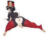 anthro balls black_body blue_eyes blush butt butt_heart clothing genitals hat headgear headwear hi_res honkai:_star_rail lagomorph leporid long_ears looking_at_viewer looking_back male mammal mihoyo penis pom-pom_(honkai:_star_rail) rabbit rear_view short_tail size_difference small_penis smaller_male solo tail thick_thighs yamorio
