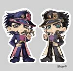  2boys aqua_eyes begoru15 belt black_coat black_hair black_hat black_pants black_shoes blue_coat blue_gakuran blue_hair blue_hat blue_pants blue_shoes chain chibi chibi_only closed_mouth coat commentary earrings full_body gold_chain grey_background grey_eyes hand_on_own_hip hat highres jewelry jojo_no_kimyou_na_bouken kujo_jotaro long_coat long_sleeves looking_at_viewer male_focus multiple_belts multiple_boys open_clothes open_coat outline pants pointing pointing_at_viewer purple_shirt school_uniform shirt shoes short_hair standing stardust_crusaders stardust_crusaders_(ova) stud_earrings white_outline 