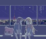  aqua_eyes bang_dream! black_hair blonde_hair building city hair_ornament hairclip hand_on_own_leg hood hoodie long_sleeves looking_at_another michelle_(bang_dream!) moon night okusawa_misaki open_mouth shadow shirt shooting_star sitting star_(sky) tokyo_(city) tokyo_tower tower tsurumaki_kokoro yellow_eyes zgok1uy8amciwae 