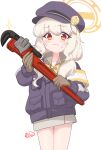  1girl aoba_(blue_archive) black_hat blonde_hair blue_archive blush cabbie_hat closed_mouth commentary cowboy_shot gloves halo hat highres holding jacket long_hair low_twintails maruji_marumaru red_eyes simple_background solo sparkle standing sweatdrop twintails white_background wrench yellow_halo 