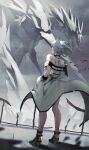  1girl absurdres animal_ears arknights bare_shoulders black_shoes chromatic_aberration colored_shoe_soles dress film_grain full_body grey_dress hands_in_pockets high_heels highres kal'tsit_(arknights) light_particles material_growth mon3tr_(arknights) mon3tr_(summon)_(arknights) off_shoulder oripathy_lesion_(arknights) outdoors profile see-through_clothes see-through_sleeves shikyou_yoru shoes short_hair solo standing white_hair wind 
