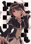  1girl 9-nine- absurdres backlighting black_bow black_capelet black_dress black_hair black_hairband blue_eyes blurry blurry_background bow capelet checkered_background chess_piece commentary dress dress_bow frilled_capelet frilled_hairband frilled_sleeves frills glowing glowing_eye gothic_lolita hair_between_eyes hair_bow hair_intakes hairband hand_up heterochromia highres lolita_fashion long_sleeves looking_at_viewer nirakamadesu official_alternate_costume purple_brooch red_eyes short_hair_with_long_locks simple_background sleeve_bow solo v v_over_eye wide_sleeves yuuki_noa 