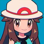  1girl blue_shirt brown_eyes brown_hair bucket_hat chueog closed_mouth commentary eyelashes hair_flaps hat leaf_(pokemon) long_hair looking_at_viewer lowres pokemon pokemon_(game) pokemon_frlg portrait shirt sleeveless sleeveless_shirt smile solo white_headwear 