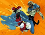 admirable_octavia alex_ahad anthro black_bottomwear black_clothing black_panties black_skirt black_underwear blue_body blue_hair blue_skin bottomwear cephalopod clothing coleoid crimson_mask_koujin digital_drawing_(artwork) digital_media_(artwork) duo epaulet female fight flying_kick gloves hair handwear hat headgear headwear horizontal_pupils humanoid kick long_hair marine midair military_cap military_uniform mollusk octopodiform octopus orange_background panties pseudo_hair pupils simple_background skirt suction_cup tentacle_hair tentacle_legs tentacles underwear uniform watermark white_body white_clothing white_gloves white_handwear white_skin yellow_sclera