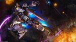  absurdres assault_visor battle copyright_logo debris earth_federation_space_forces energy_beam energy_sword explosion exposed_internal_machinery gundam gundam_battle_operation_2 gundam_unicorn highres jesta machinery mecha mecha_focus mobile_suit no_humans official_art painting_(medium) realistic robot scan science_fiction sunrise_(company) sword thrusters traditional_media weapon yellow_visor zero_gravity 