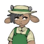 1:1 2021 ambiguous_gender anthro bovid bovine broken_horn brown_body brown_fur cattle clothed clothing collared_shirt digital_media_(artwork) fur green_clothing green_overalls grey_hair grey_horn hair hat headgear headwear horn low_res mammal manitka manitka_storm orange_eyes overalls shirt short_hair simple_background solo straw_hat tan_clothing tan_shirt tan_topwear topwear white_background