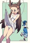  2girls accidental_exposure bare_arms blue_hair blue_pants blush bright_pupils brown_eyes brown_hair chichibu_(watson) clothes_lift collarbone commentary_request dress dress_lift eyelashes fishing_rod hair_bobbles hair_ornament hairband highres holding holding_fishing_rod jasmine_(pokemon) lana_(pokemon) long_hair multiple_girls no_sclera one-piece_swimsuit open_mouth panties pants pokemon pokemon_(game) pokemon_gsc pokemon_sm shiny shiny_skin shirt short_hair sleeveless sleeveless_shirt sweatdrop swimsuit swimsuit_under_clothes tongue two_side_up underwear wave_print white_dress white_shirt yellow_hairband 
