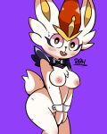  anthro blush breasts cinderace generation_8_pokemon genitals looking_at_viewer nintendo nipples nude open_mouth pokemon pokemon_(species) purple_background pussy simple_background solo video_games white_body 