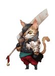  animal animal_focus armor bell black_gloves boots cat cat_tail collared_jacket gloves holding holding_sword holding_weapon no_humans one_eye_covered original pants red_pants shoulder_armor simple_background standing sword tahra tail weapon white_background 