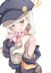  1girl @_@ aoba_(blue_archive) armband armpit_crease black_hat black_jacket blonde_hair blue_archive blush bow_camisole cabbie_hat camisole commentary_request fluffy_hair furrowed_brow grey_shirt halo hat highres hot jacket long_hair long_sleeves looking_at_viewer low_twintails open_clothes open_jacket open_mouth orange_halo pink_camisole red_eyes sakurano_rocco shirt simple_background single_bare_shoulder solo sweat twintails upper_body wavy_mouth white_background wiping_face wiping_sweat yellow_armband 