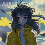  1girl 2018 bangs cloud cloudy_sky drawstring highres illustration.media jacket looking_at_viewer minahamu original outdoors paper portrait shadow sky smile solo wind yellow_jacket 