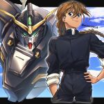  1boy blue_eyes blue_jacket blue_pants brown_hair chanmura cloud duo_maxwell floating_hair green_eyes gundam gundam_deathscythe gundam_wing hair_behind_ear hand_on_hip head_tilt highres jacket letterboxed long_braid long_hair looking_at_viewer male_focus mobile_suit pants sky smile v-fin 