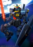  ammotu blue_eyes cloud cloudy_sky deviantart_username energy_sword english_commentary exposed_internal_machinery flying gundam gundam_mk_ii machinery mecha mecha_focus mobile_suit no_humans ocean radio_antenna robot roundel science_fiction shield signature sky sword titans_(gundam) v-fin water weapon zeta_gundam 