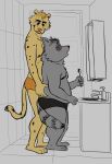  2022 anthro bathroom belly_grab blush cheetah clothing duo felid feline hi_res humanoid_hands male male/male mammal moobs nipples osos procyonid raccoon slightly_chubby underwear 