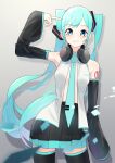  1girl absurdres arm_up bangs bare_shoulders black_skirt black_sleeves black_thighhighs blue_eyes blue_hair blue_necktie breasts collared_shirt detached_sleeves finger_to_head grey_background hatsune_miku headphones headphones_around_neck highres kinosuke_(pattaba) long_hair long_sleeves looking_at_viewer necktie pleated_skirt shirt skirt sleeveless sleeveless_shirt sleeves_past_wrists small_breasts smile solo thighhighs tie_clip twintails very_long_hair vocaloid white_shirt wide_sleeves 