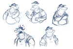  2016 alligator alligatorid anthro brok_(character) brok_the_investigator clothing concept_art crocodilian eyes_closed hat headgear headwear hi_res hubie360 humanoid_hands male multiple_poses official_art pose reptile scalie shirt simple_background slightly_chubby solo topwear 