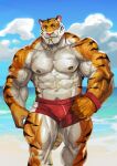  1boy abs absurdres armband bara beach biceps cloud cloudy_sky day feet_out_of_frame furry furry_male hat highres large_pectorals looking_at_viewer male_focus male_swimwear manly mature_male muscular muscular_male nipples ocean original pectorals sand shorts sky solo sunlight thick_arms thick_eyebrows thick_thighs thighs tiger_boy traver009 veins veiny_arms walking water whistle whistle_around_neck 
