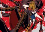  1boy artist_name black_hair black_pants cape clenched_teeth crest family_crest fate/grand_order fate_(series) firing gloves goma1021 gun hair_between_eyes hat long_hair male_focus military_hat musket oda_kippoushi_(fate) oda_nobunaga_(fate) oda_uri open_mouth pants peaked_cap ponytail red_background red_eyes shirt teeth two-tone_background weapon white_background 